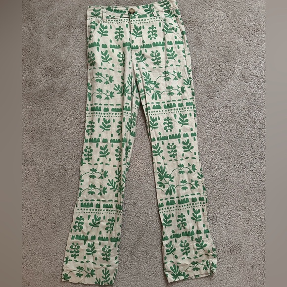 ZARA CREAM AND GREEN PRINTED LENIN PANTS!! - Picture 1 of 2